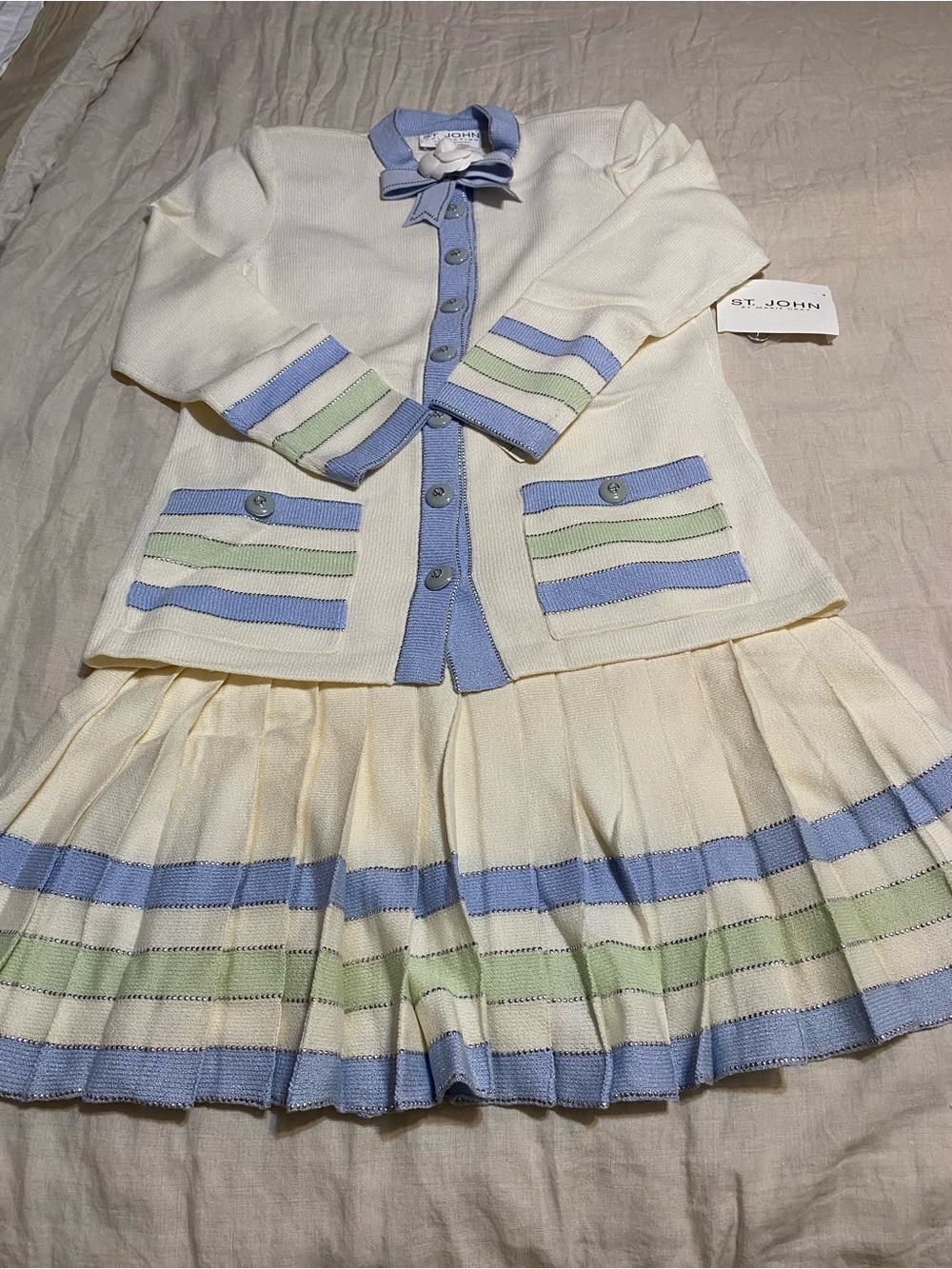 St. John Cream Knit Cardigan & Pleated Skirt with Blue and Mint Trim